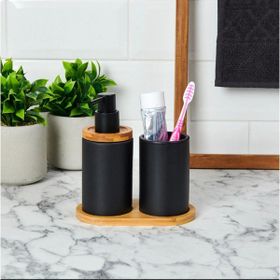 Tohana Bambu Standlı Seramik İkili Siyah Banyo Seti