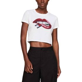 Tommy Hilfiger TJW Slim Crp Washed Tj Lips TEE Beyaz Kadın T-shirt