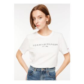 Tommy Hilfiger WW0WW40276YCF005 Beyaz Bisiklet Yaka Baskılı Kadın T-shirt