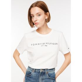 Tommy Hilfiger WW0WW40276YCF005 Beyaz Bisiklet Yaka Baskılı Kadın T-shirt