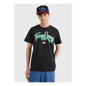 Tommy Jeans DM0DM16403BDS_TJM REG COLLEGE POP T Bisiklet Yaka Baskılı Siyah Erkek T-shirt