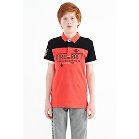 Tommy Life 11087 Coral Renk Bloklu Yazı Nakışlı Standart Kalıp Polo Yaka Erkek Çocuk T-Shirt