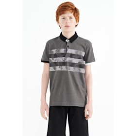 Tommy Life 11101 Koyu Gri Baskı Detaylı Standart Kalıp Polo Yaka Erkek Çocuk T-Shirt
