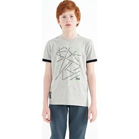 Tommy Life 11132 Gri Melanj Minimal Yazı Baskılı Standart Kalıp O Yaka Erkek Çocuk T-Shirt
