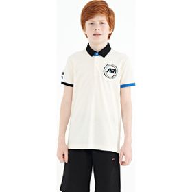 Tommy Life 11138 Ekru Kol Ucu Renkli Logo Nakışlı Standart Kalıp Polo Yaka Erkek Çocuk T-Shirt