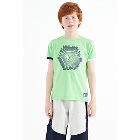 Tommy Life 11156 Neon Yeşil Kol Ucu Renkli Detaylı Baskılı Standart Kalıp Erkek Çocuk T-Shirt