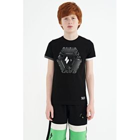 Tommy Life 11156 Siyah Kol Ucu Renkli Detaylı Baskılı Standart Kalıp Erkek Çocuk T-shirt