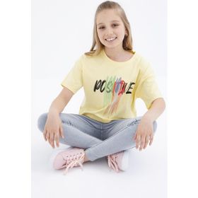 Tommy Life 75036 Renkli Yazı Baskılı O Yaka Oversize Düşük Omuz Sarı Kız Çocuk Crop T-Shirt