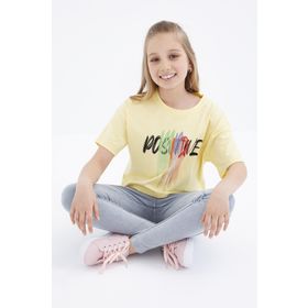 Tommy Life 75036 Renkli Yazı Baskılı O Yaka Oversize Düşük Omuz Sarı Kız Çocuk Crop T-Shirt