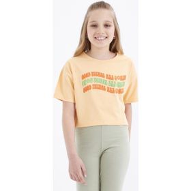 Tommy Life 75038 Oversize Renkli Yazı Baskılı Düşük Omuz O Yaka Kavun İçi Kız Çocuk Crop T-Shirt