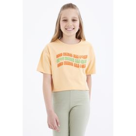Tommy Life 75038 Oversize Renkli Yazı Baskılı Düşük Omuz O Yaka Kavun İçi Kız Çocuk Crop T-Shirt