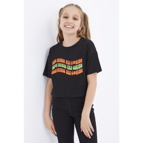Tommy Life 75038 Oversize Renkli Yazı Baskılı Düşük Omuz O Yaka Siyah Kız Çocuk Crop T-Shirt