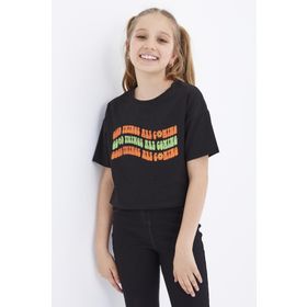 Tommy Life 75038 Oversize Renkli Yazı Baskılı Düşük Omuz O Yaka Siyah Kız Çocuk Crop T-Shirt