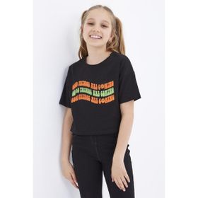 Tommy Life 75038 Oversize Renkli Yazı Baskılı Düşük Omuz O Yaka Siyah Kız Çocuk Crop T-Shirt