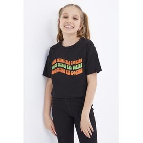 Tommy Life 75038 Oversize Renkli Yazı Baskılı Düşük Omuz O Yaka Siyah Kız Çocuk Crop T-Shirt