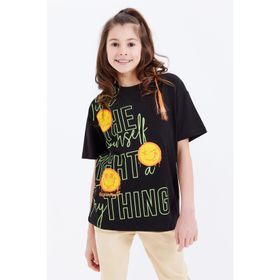 Tommy Life 75042 Oversize Emoji Baskılı O Yaka Düşük Omuz Siyah Kız Çocuk T-Shirt
