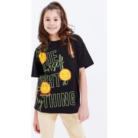 Tommy Life 75042 Oversize Emoji Baskılı O Yaka Düşük Omuz Siyah Kız Çocuk T-Shirt