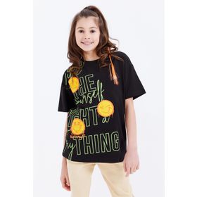 Tommy Life 75042 Oversize Emoji Baskılı O Yaka Düşük Omuz Siyah Kız Çocuk T-Shirt