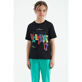 Tommy Life 75112 Siyah Renki Yazı Baskılı O Yaka Oversize Kısa Kollu Kız Çocuk T-shirt