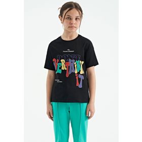 Tommy Life 75112 Siyah Renki Yazı Baskılı O Yaka Oversize Kısa Kollu Kız Çocuk T-shirt