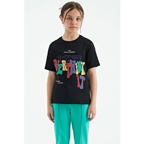 Tommy Life 75112 Siyah Renki Yazı Baskılı O Yaka Oversize Kısa Kollu Kız Çocuk T-shirt