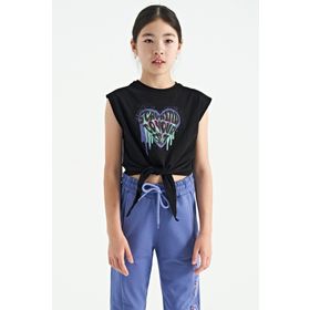 Tommy Life 75114 Siyah Kalp Baskılı Ön Düğüm Detaylı Rahat Form Kız Çocuk T-Shirt