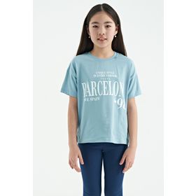 Tommy Life 75115 Açık Mavi O Yaka Yazı Baskılı Düşük Omuz Oversize Kız Çocuk T-shirt