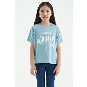 Tommy Life 75115 Açık Mavi O Yaka Yazı Baskılı Düşük Omuz Oversize Kız Çocuk T-shirt