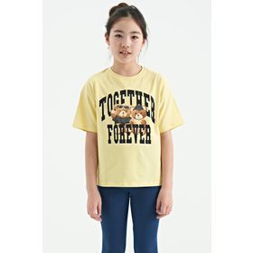 Tommy Life 75116 Sarı Ayıcık Baskılı O Yaka Oversize Kısa Kol Kız Çocuk T-shirt