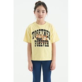 Tommy Life 75116 Sarı Ayıcık Baskılı O Yaka Oversize Kısa Kol Kız Çocuk T-shirt