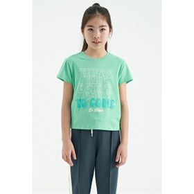 Tommy Life 75118 Su Yeşili O Yaka Yazı Baskılı Rahat Form Kısa Kollu Cropped Kız Çocuk T-Shirt