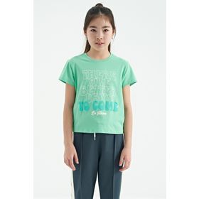 Tommy Life 75118 Su Yeşili O Yaka Yazı Baskılı Rahat Form Kısa Kollu Cropped Kız Çocuk T-Shirt