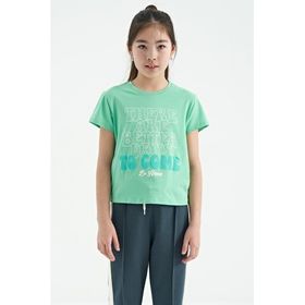 Tommy Life 75118 Su Yeşili O Yaka Yazı Baskılı Rahat Form Kısa Kollu Cropped Kız Çocuk T-Shirt