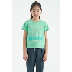 Tommy Life 75118 Su Yeşili O Yaka Yazı Baskılı Rahat Form Kısa Kollu Cropped Kız Çocuk T-Shirt