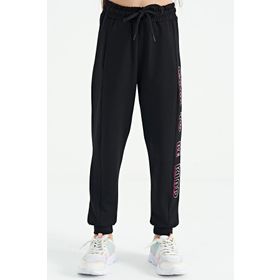 Tommy Life 75123 Siyah Yan Yazı Nakışlı Bağcıklı Standart Kalıp Jogger Kız Çocuk Eşofman Alt