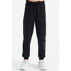 Tommy Life 75123 Siyah Yan Yazı Nakışlı Bağcıklı Standart Kalıp Jogger Kız Çocuk Eşofman Alt