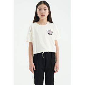 Tommy Life 75126 Ekru Ön Arka Baskılı O Yaka Düşük Omuz Oversize Kısa Kollu Kız Çocuk T-shirt