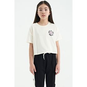 Tommy Life 75126 Ekru Ön Arka Baskılı O Yaka Düşük Omuz Oversize Kısa Kollu Kız Çocuk T-shirt