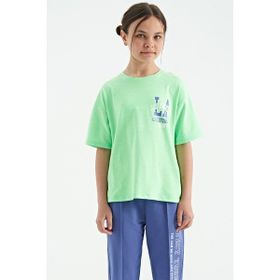 Tommy Life 75127 Neon Yeşil Ön Arka Baskılı O Yaka Oversize Kısa Kollu Kız Çocuk T-shirt
