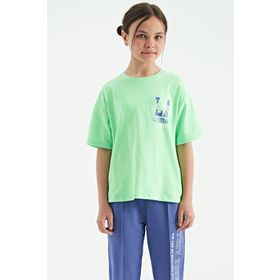 Tommy Life 75127 Neon Yeşil Ön Arka Baskılı O Yaka Oversize Kısa Kollu Kız Çocuk T-shirt