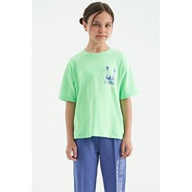 Tommy Life 75127 Neon Yeşil Ön Arka Baskılı O Yaka Oversize Kısa Kollu Kız Çocuk T-shirt