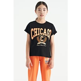 Tommy Life 75128 Siyah O Yaka Düşük Omuzlu Rahat Form Kısa Kollu Kız Çocuk T-Shirt