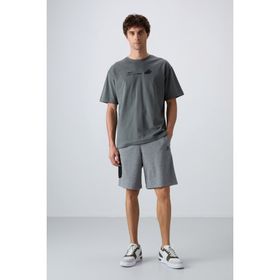 Tommy Life 81266 Gri Melanj Pamuklu Kalın Yumuşak Dokulu Comfort Fit Baskılı Erkek Şort