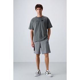 Tommy Life 81266 Gri Melanj Pamuklu Kalın Yumuşak Dokulu Comfort Fit Baskılı Erkek Şort