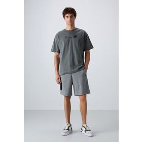 Tommy Life 81266 Gri Melanj Pamuklu Kalın Yumuşak Dokulu Comfort Fit Baskılı Erkek Şort