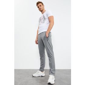 Tommy Life 84744 Gri Melanj Erkek Fermuar Cepli Yazı Detaylı Standart Kalıp Klasik Paça Eşofman Alt