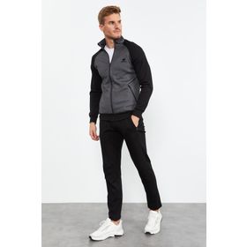 Tommy Life 85113 Antrasit Siyah Dik Yaka Çift Renk Rahat Form Klasik Paça Erkek Eşofman Takımı