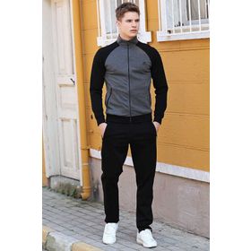Tommy Life 85113 Antrasit Siyah Dik Yaka Çift Renk Rahat Form Klasik Paça Erkek Eşofman Takımı