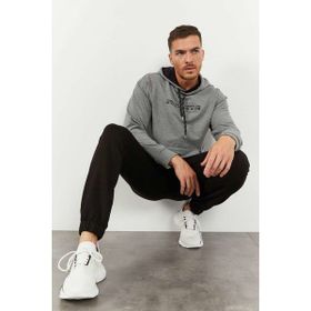 Tommy Life 85117 Gri Melanj-Siyah Erkek Kapüşonlu Kanguru Cep Oversize Lastik Paça Eşofman Takımı