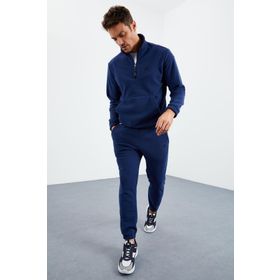 Tommy Life 85117 Kapüşonlu Kanguru Cep Oversize Lastik Paça İndigo Erkek Eşofman Takımı